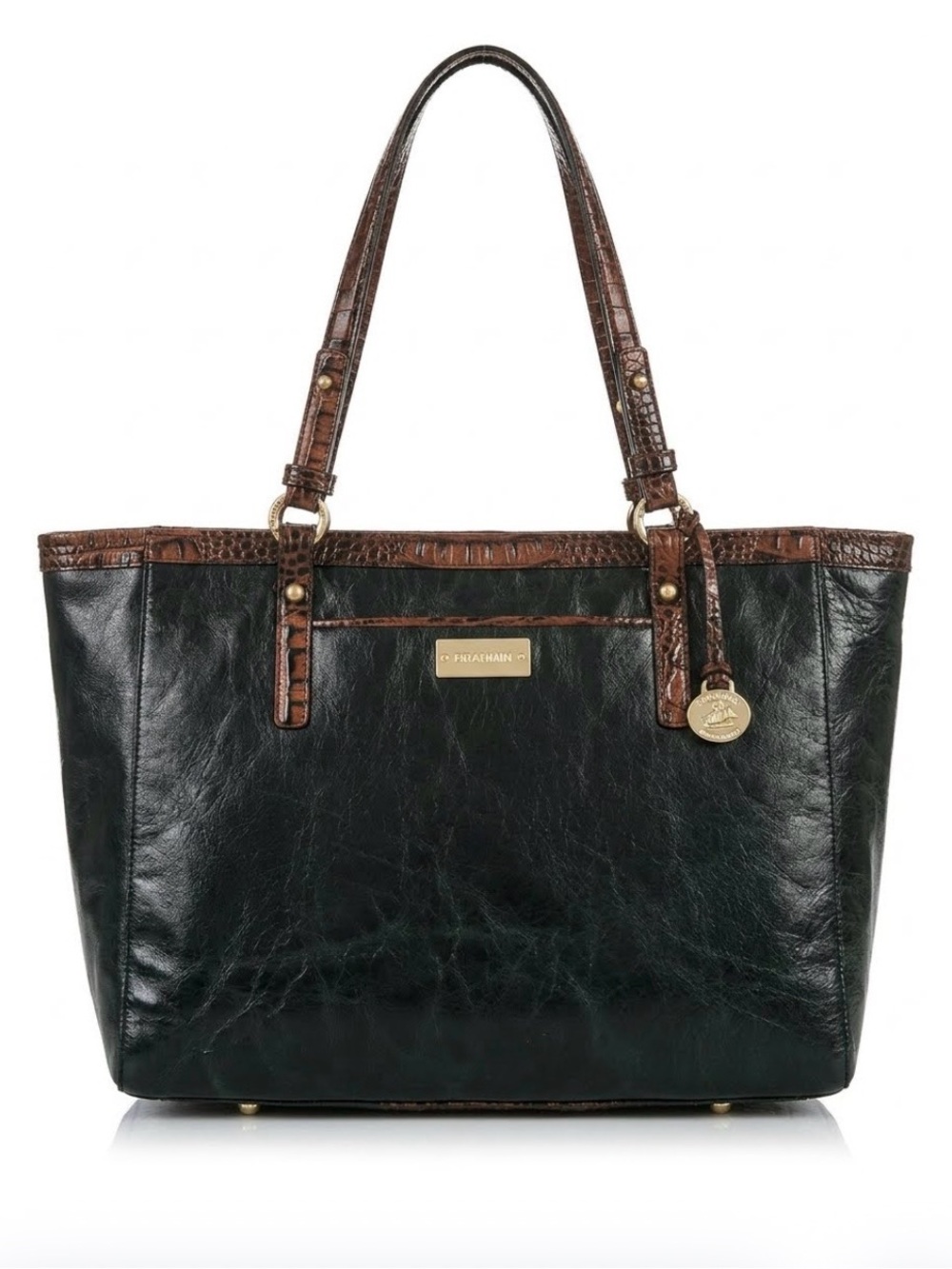 Brahmin Arno Tuscan Black Leather Tote with Brown Croc-Trim